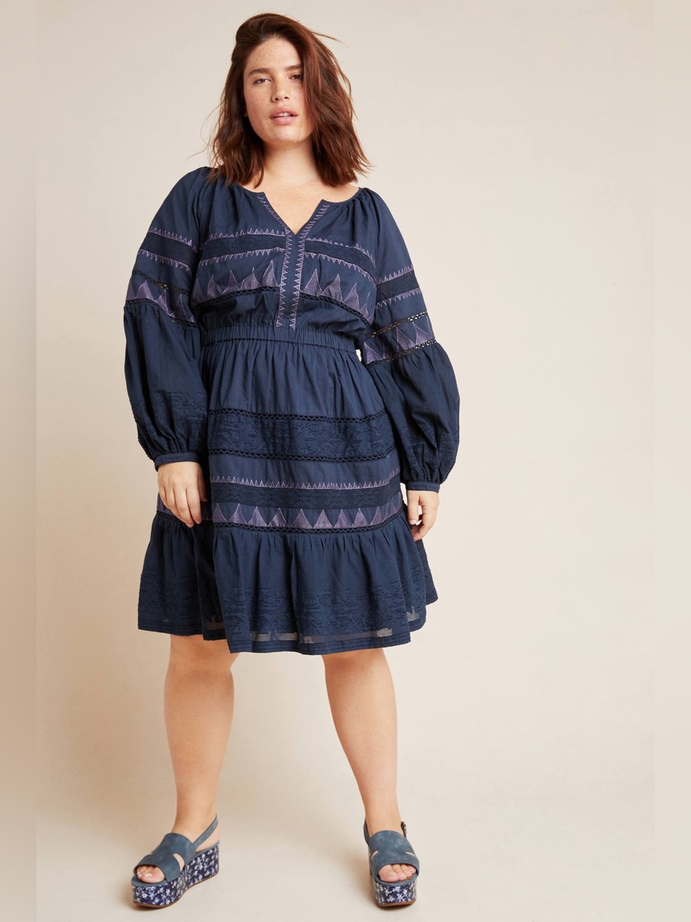 Anthropologie Skye Embroidered Dress baloon sleeves navy eyelet 1X embroidered
